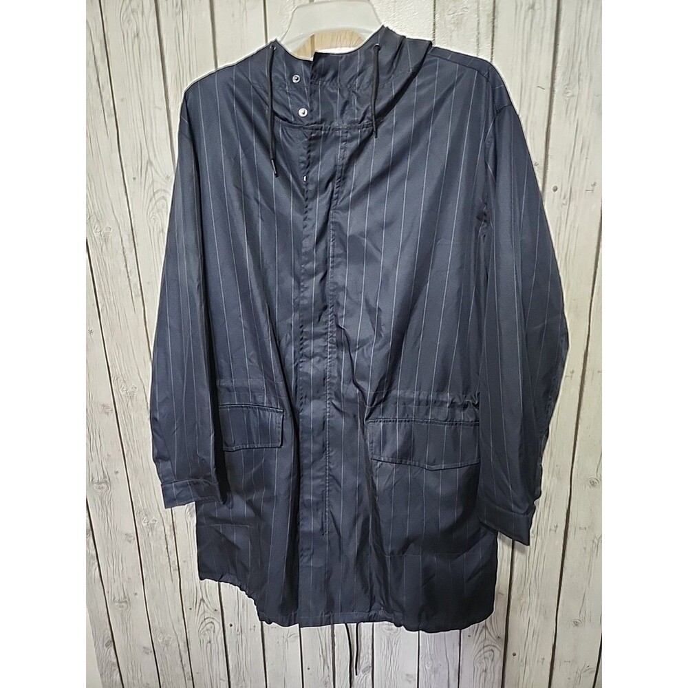 Kenneth Cole Reaction Raincoat Overcoat Large Pin Stripe Zip Snap Navy Blue $179